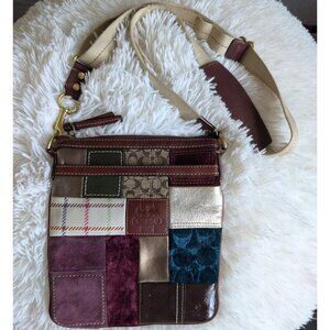 Coach, Holiday Patchwork Crossbody Bag, Multicolor Leather Suede Metallic Canvas